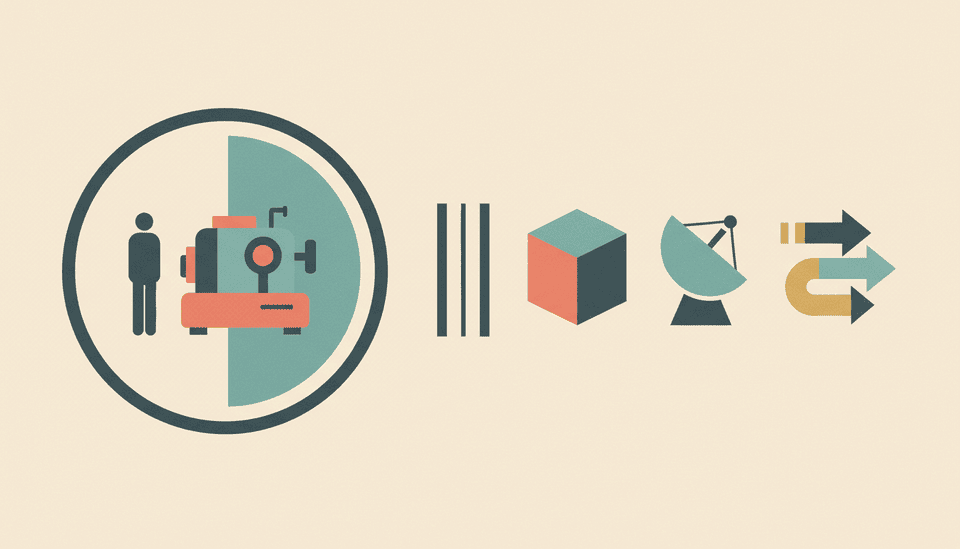 Pastel constructivist illustration of a human operator supervising a geometric AI agent inside a boundary with separated tools and an approval gate.
