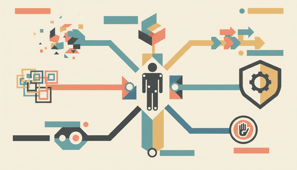 Pastel constructivist illustration of a central worker at a geometric junction with branching career paths toward code, data, workflow, product, and safety.
