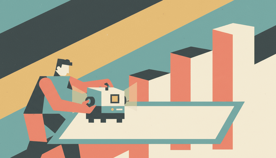 Pastel constructivist illustration of a builder assembling a compact AI prototype on a blueprint beside a rising path of geometric milestones.