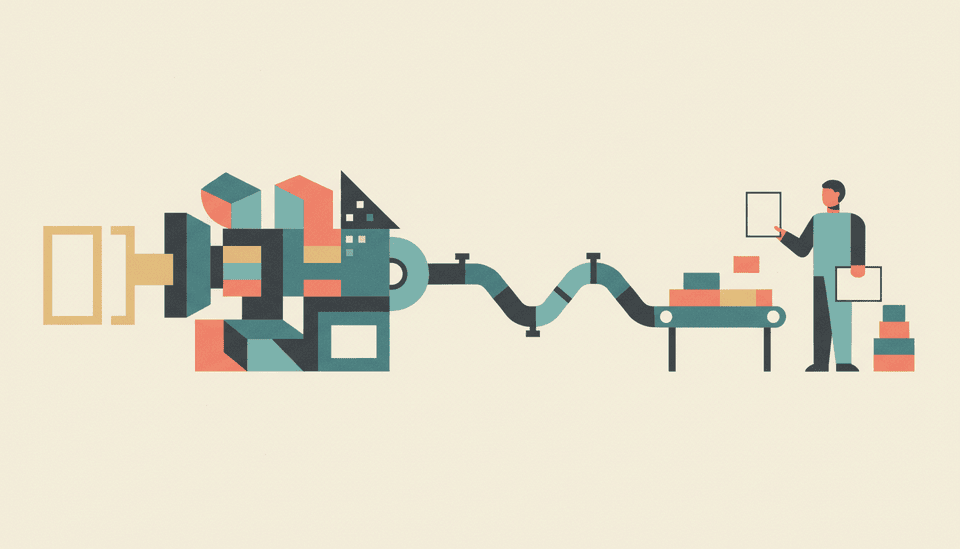 Pastel constructivist illustration of blank documents moving through a geometric retrieval machine toward a person holding a source sheet.