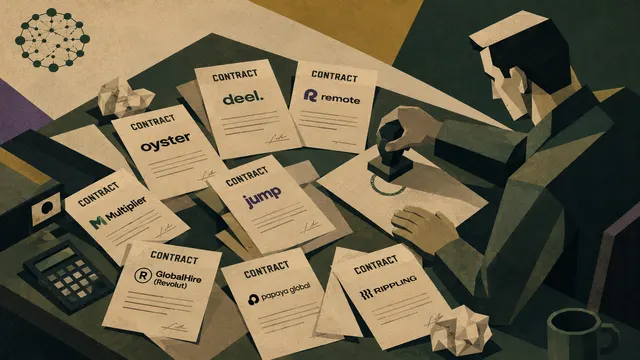 Illustration eines globalen Auftraggeber-Stacks, der EOR, Vertragsmanagement, Umbrella Employment und Payroll-Plattformen zeigt, die verteilte Teams über Grenzen hinweg verbinden