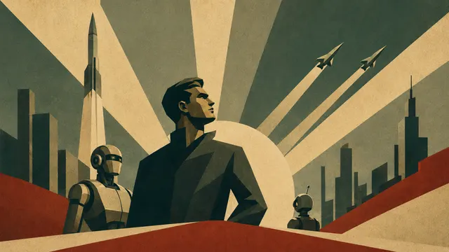 Retro-futuristisk illustration af en AI-grundlægger, der navigerer et funding-kort med acceleratorer og kapitalkilder for solo-grundlæggere og små AI-hold i 2026