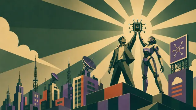 Retro-futuristische Propaganda-Illustration eines Menschen und eines Roboters, die einen KI-Chip über einer futuristischen Stadt halten, mit dem Text Starten Sie Mit KI und Kostenlose API-Anbieter
