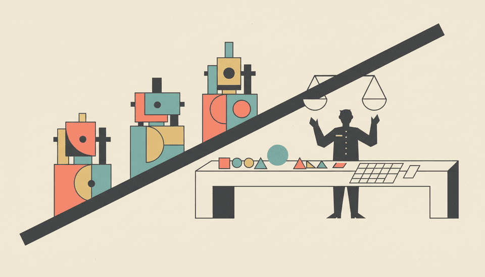 Pastel constructivist illustration of three abstract AI machines being compared by a researcher using scales and test cards.