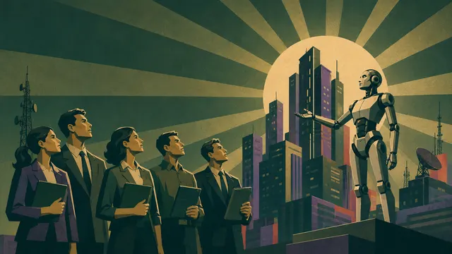Retro-futuristisk propaganda-stil illustration af HR arbejdsgange forbedret af AI