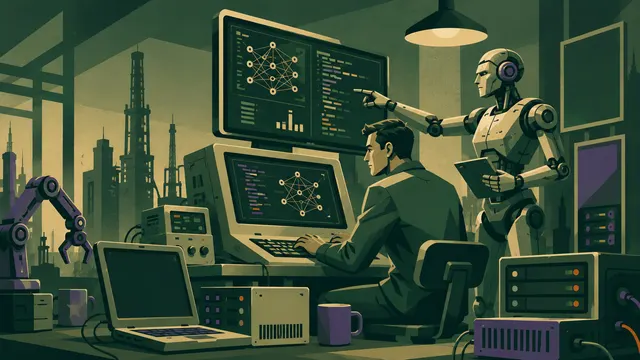 Retro-futuristische Propaganda-Stil-Illustration eines Menschen und Roboters, die an einem lokalen KI-Arbeitsplatz zusammenarbeiten, mit dem Text Start With AI und Run Local Models