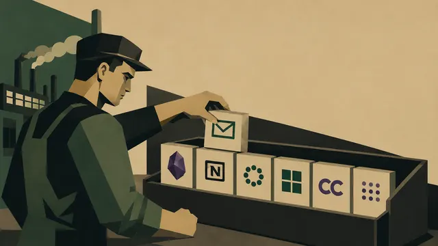 未来派插图，展示了人工智能工作台栈，显示 AgentMail、Obsidian、Notion、Composio、Microsoft Copilot、Claude Cowork 和 Perplexity 作为现代人工智能工作系统的连接层