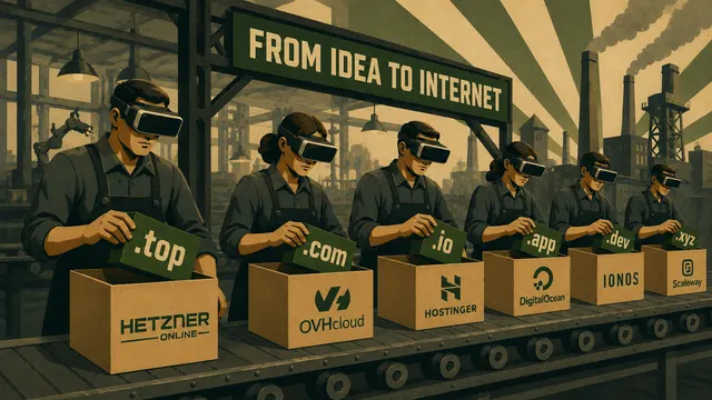 Retro-futuristisk illustration af en udvikler, der lancerer en app i skyen med hostingudbyderlogoer og serverracks i baggrunden